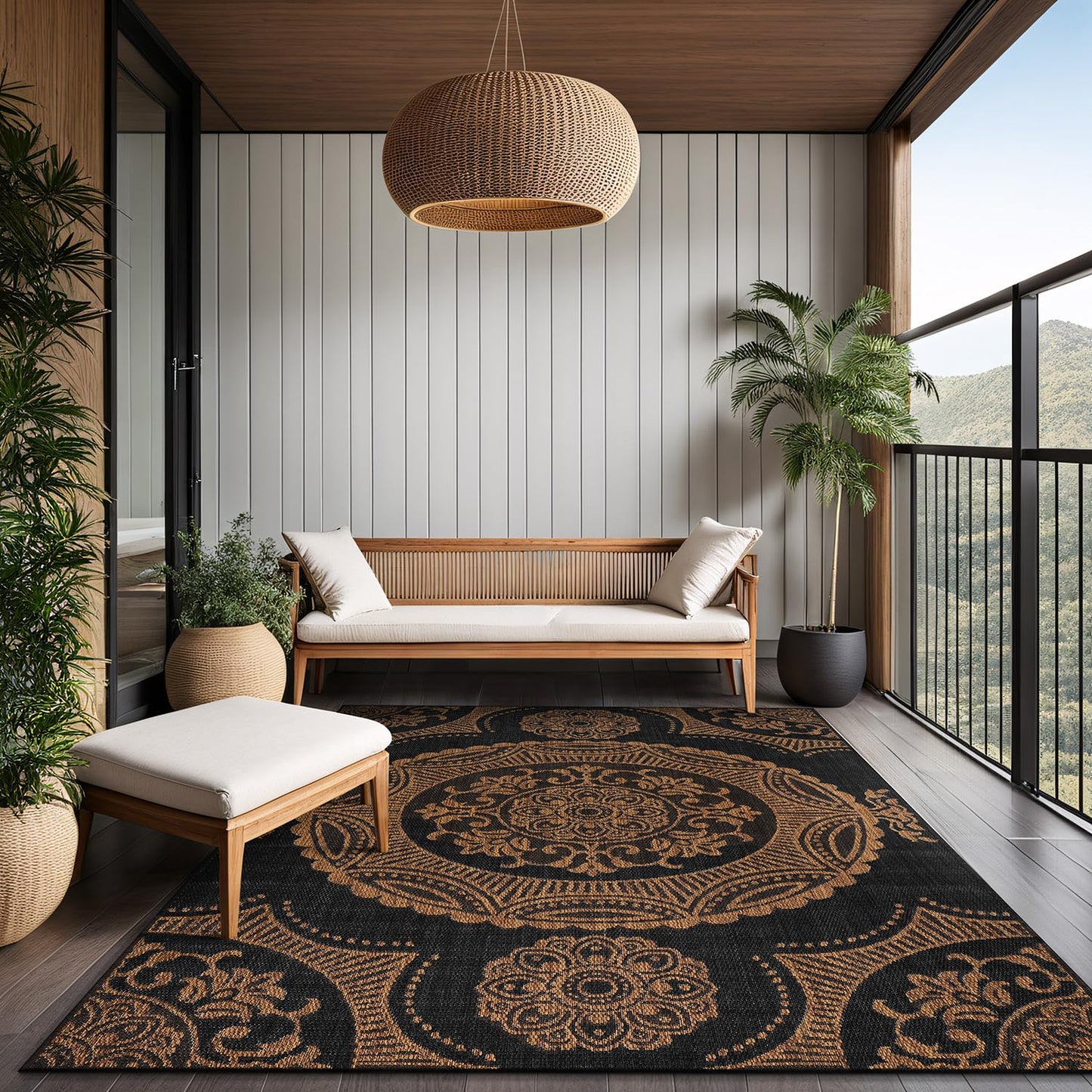 Luul Home Medallion Outdoor Rug 6x9 Washable Outside Carpet for Indoor Patio Porch Waterproof Easy Cleaning Non Shedding Area Rugs Nut Brown 6 x 9