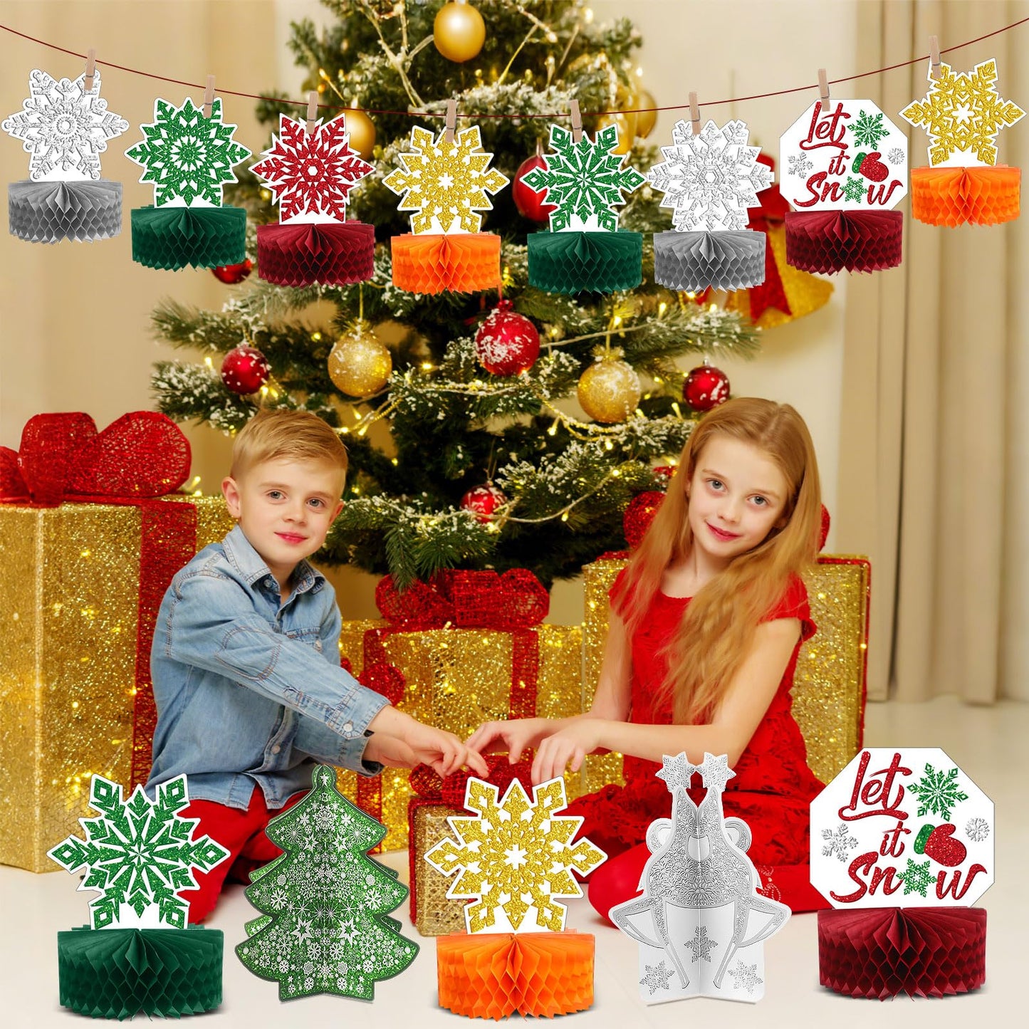Pajean 12 Pcs Christmas Table Decorations Centerpieces Winter Snowflake Honeycomb Red and Green 3D Xmas Tree Elf Let It Snow Tabletop Sign Gold Sliver Snowflake Wonderland Holiday Party Supplies