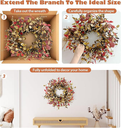 22 Inch Fall Wreath for Front Door Berry Autumn Wreath with Green and Purple Leaves, Large Grapevine Wreaths for Fall Door Decor Farmhouse Wall Window Home Decoration