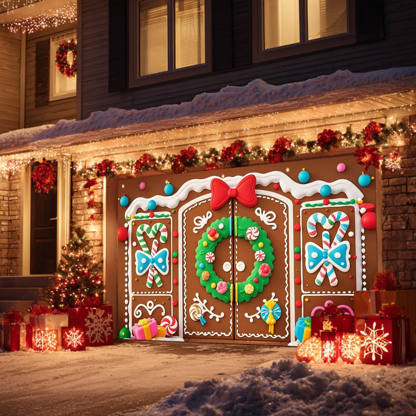 HOMETITUTE Christmas Garage Door Banner 13x6ft Gingerbread House Double Door Cover Candy Cane Backdrop Holiday Party Scene Winter Indoor Outdoor Sweet Wall Hanging Festive Gift Box Season