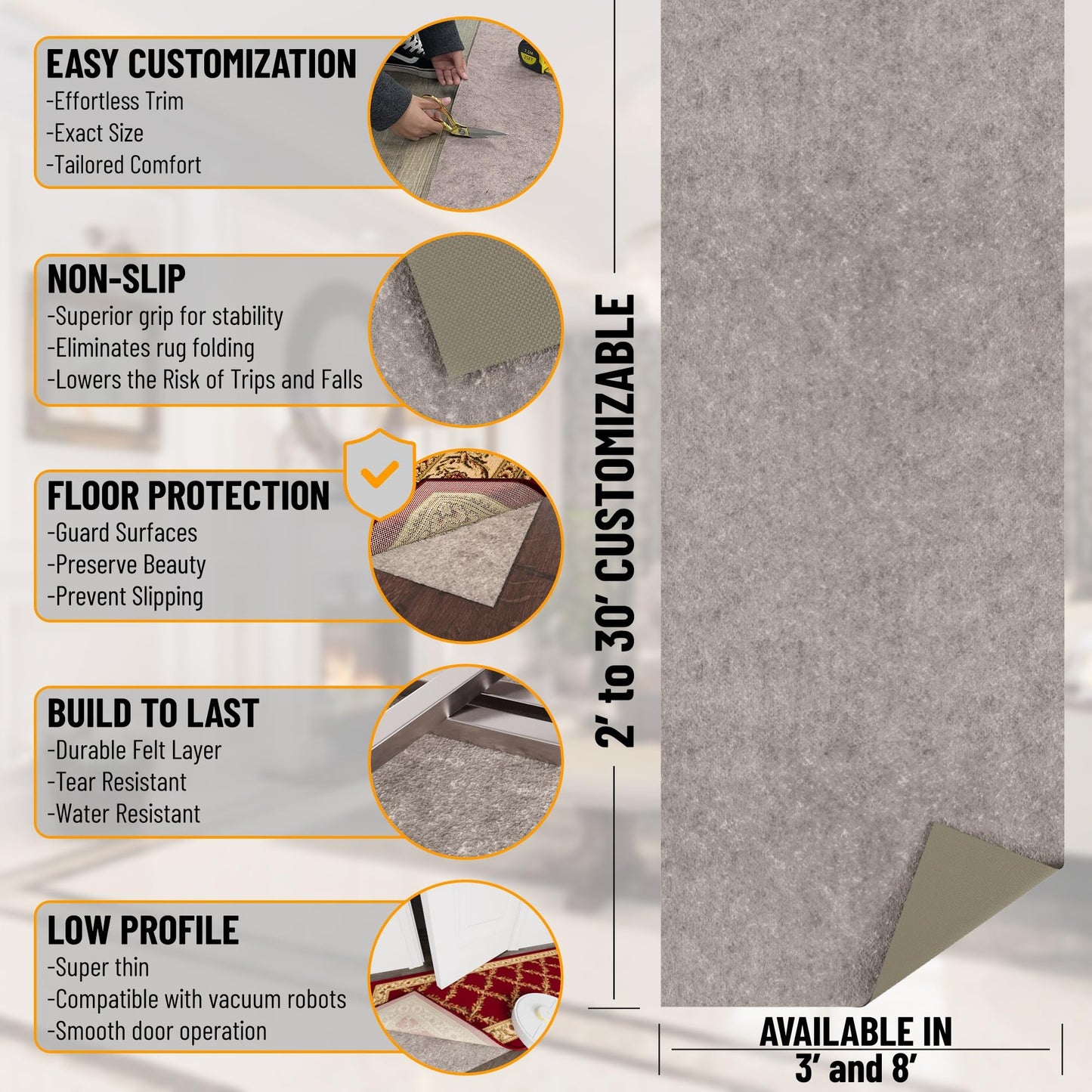 Ottomanson 3' x 12' Non-Slip Rug Pad Gripper 1/4 Inch Thick Dual Surface Felt + Rubber Gripper - Safe for All Floors, Brown