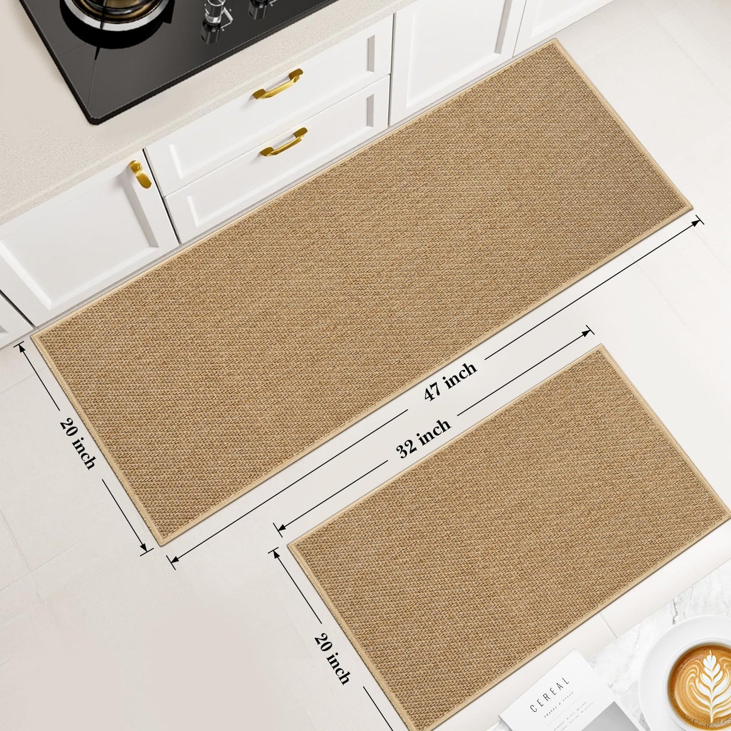 SofterCharm Kitchen Rugs and Mats, Non Slip Washable Set of 2 PCS, Absorbent Kitchen Mats for Floor, Kitchen Runner Rug, Rubber Backing, for Kitchen Decor, Front of Sink(Khaki, 20’’x 32’’+ 20’’x 47’’)