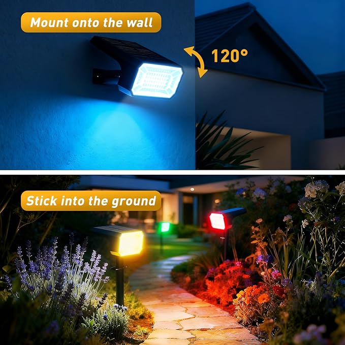 Solar Color Changing Spot Lights Outdoor Waterproof IP68, [4 Pack/32 LED/7 Modes] 2-in-1 Landscape Spotlights, Auto On/Off Solar Powered Flood Lights for Outside Yard Garden Pathway Walkway