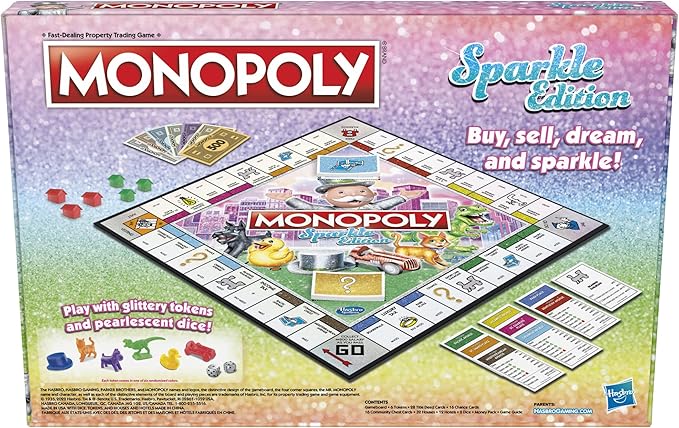 Hasbro Gaming Monopoly Sparkle Edition Board Game Family Games with Glittery Tokens Pearlescent Dice Sparkly Look (Amazon Exclusive)