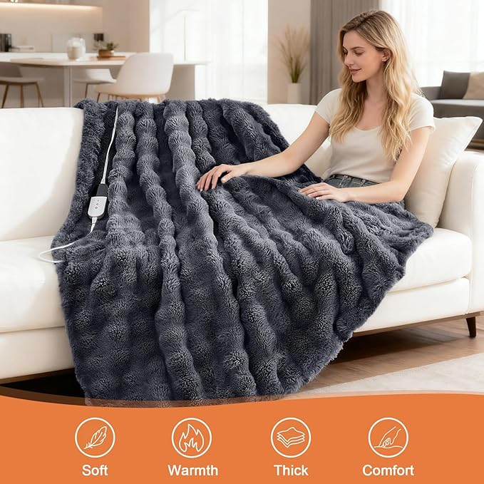 Heated Blanket Electric Throw Blanket 50''X 60''-Heating Blanket with 6 Heat Settings-4 Hours Auto Off,Cozy Faux Rabbit Fur Bubble Electric Blanket,Dark Gray
