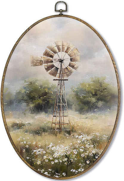 Fewgb Vintage Farmhouse Windmill Oval Wall Art Decor Framed, Rustic Country Canvas Wall Art Prints Picture, Cottagecore French Country Hanging Room Decor Artwork for Kitchen Bedroom Bathroom 9x12