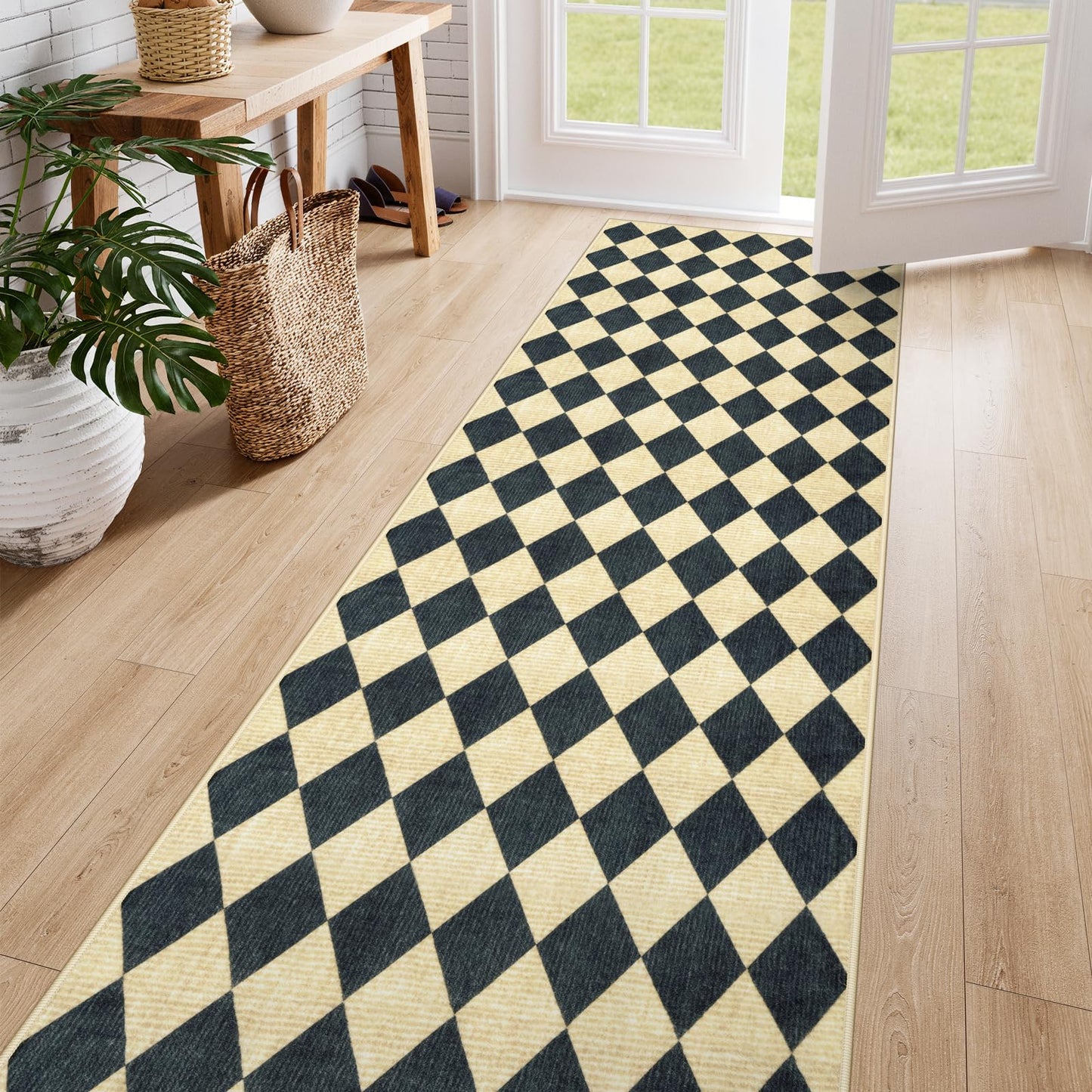 LIVEBOX Checkered Rug Runners for Hallways 2.5x8, Non Slip Kitchen Washable Runner Rugs, Moroccan Plaid Indoor Carpet Runner for Entryway Bathroom Bedroom Laundry