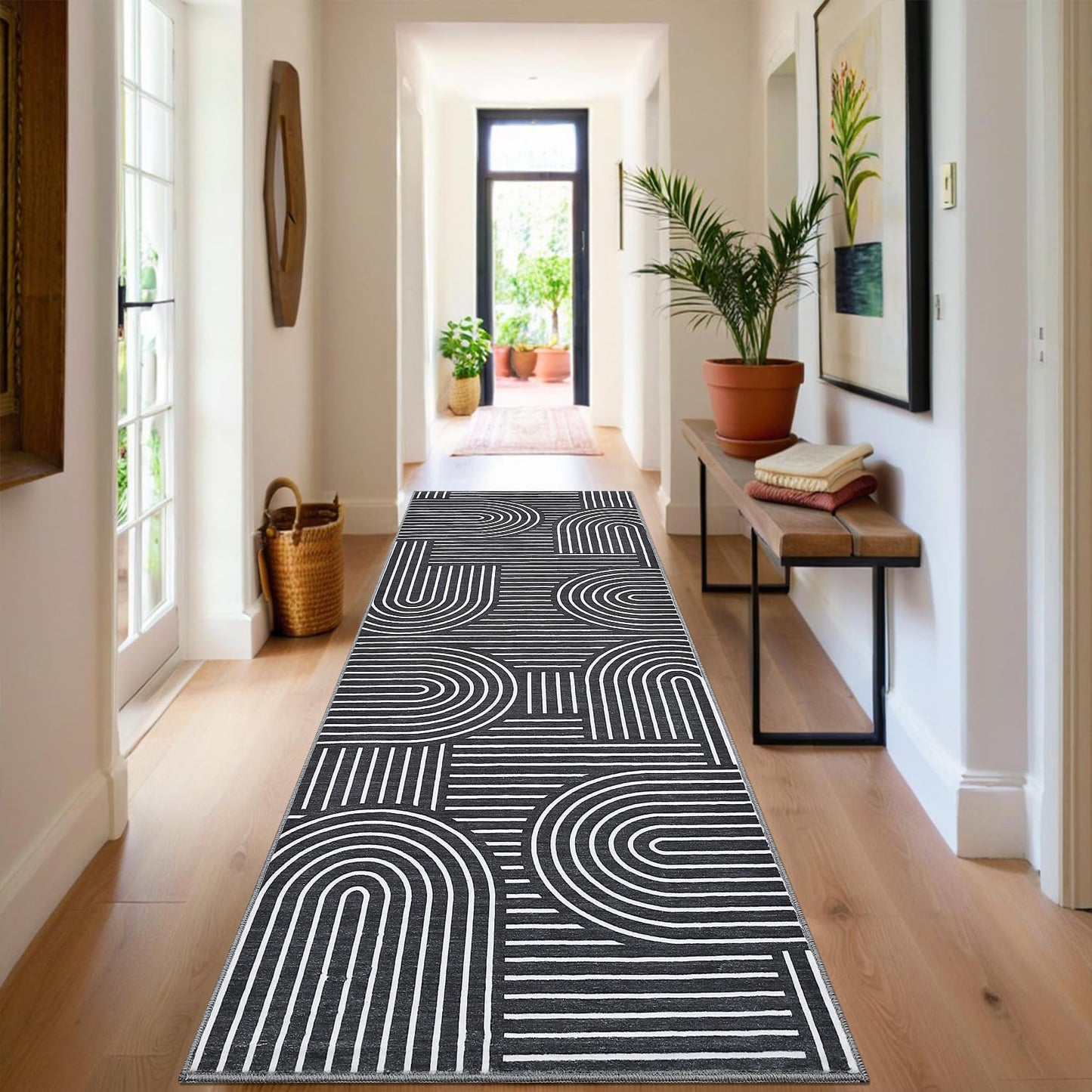 ROYHOME Modern Rug 2x6 Runners for Hallways, Abstract Kitchen Runner Rugs Non Slip Bath Runner, Rainbow Washable Runner Rug for Bedroom, Soft Long Rugs for Entryway Bathroom Laundry Dorm, Black