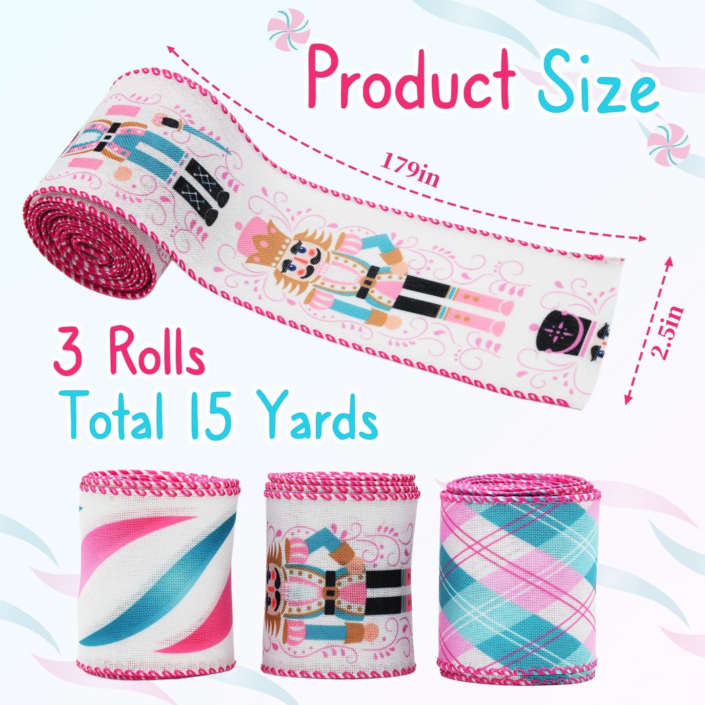 CRAFLOX Pastel Christmas Nutcracker Wired Ribbon for Wreath Bows, 3 Rolls, 2.5″ Wide, 15 Yards Total, Pastel Pink & Blue Check Wired Edge Ribbon for Crafts Supplies, DIY Bows