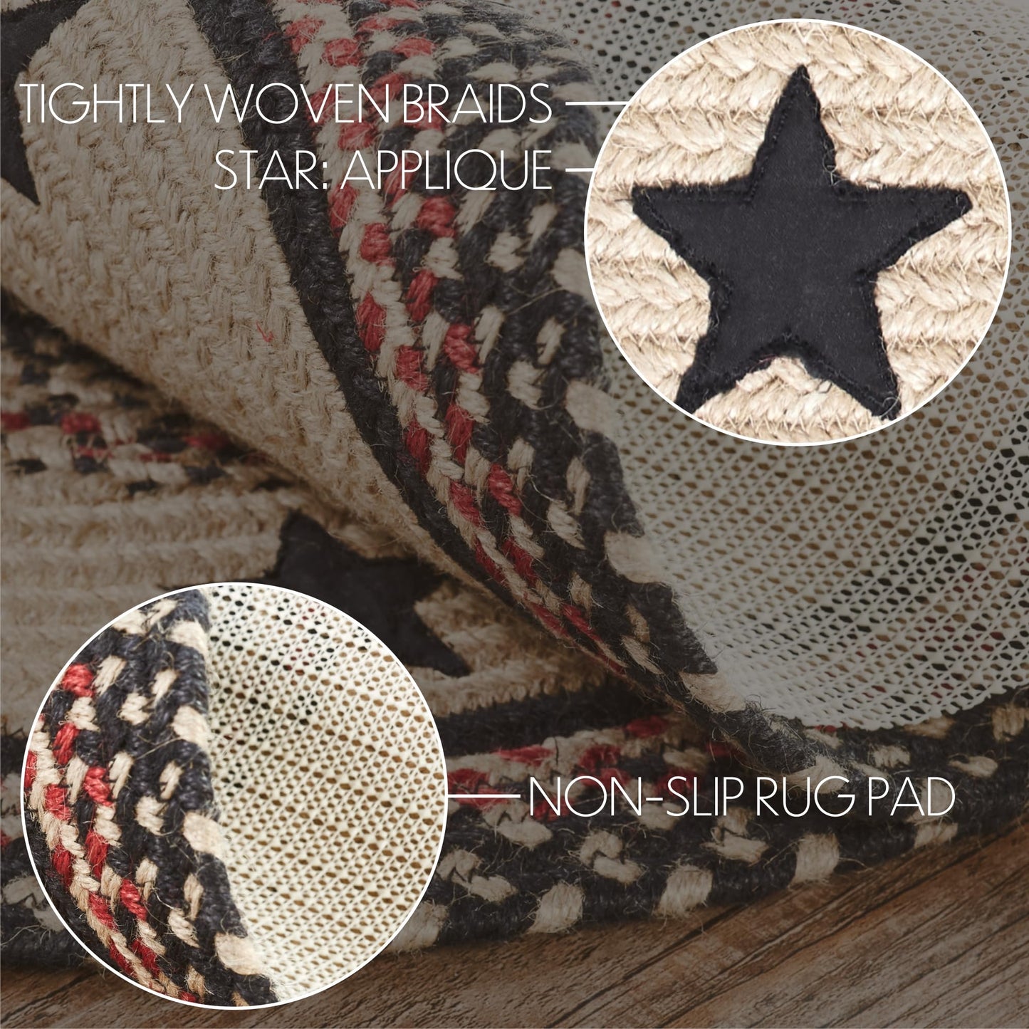 VHC Brands Colonial Star Rug with PVC Pad, Jute Blend, Oval, Tan Black Red, 27x48 inches