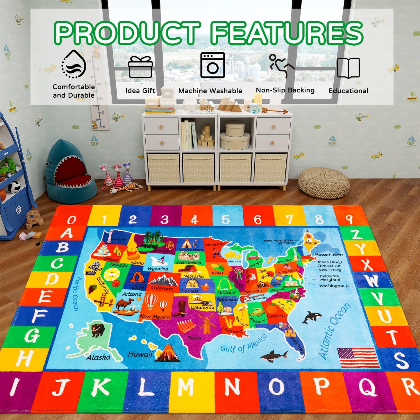 LTKOUGFAM USA Map ABC Kid Rug 39.4" × 63" for Playroom Geography Classroom Rug Educational Kids Playmat Alphabet Mat for Primary School Fluffy Ployester Non-Slip Preschool Carpet for Room