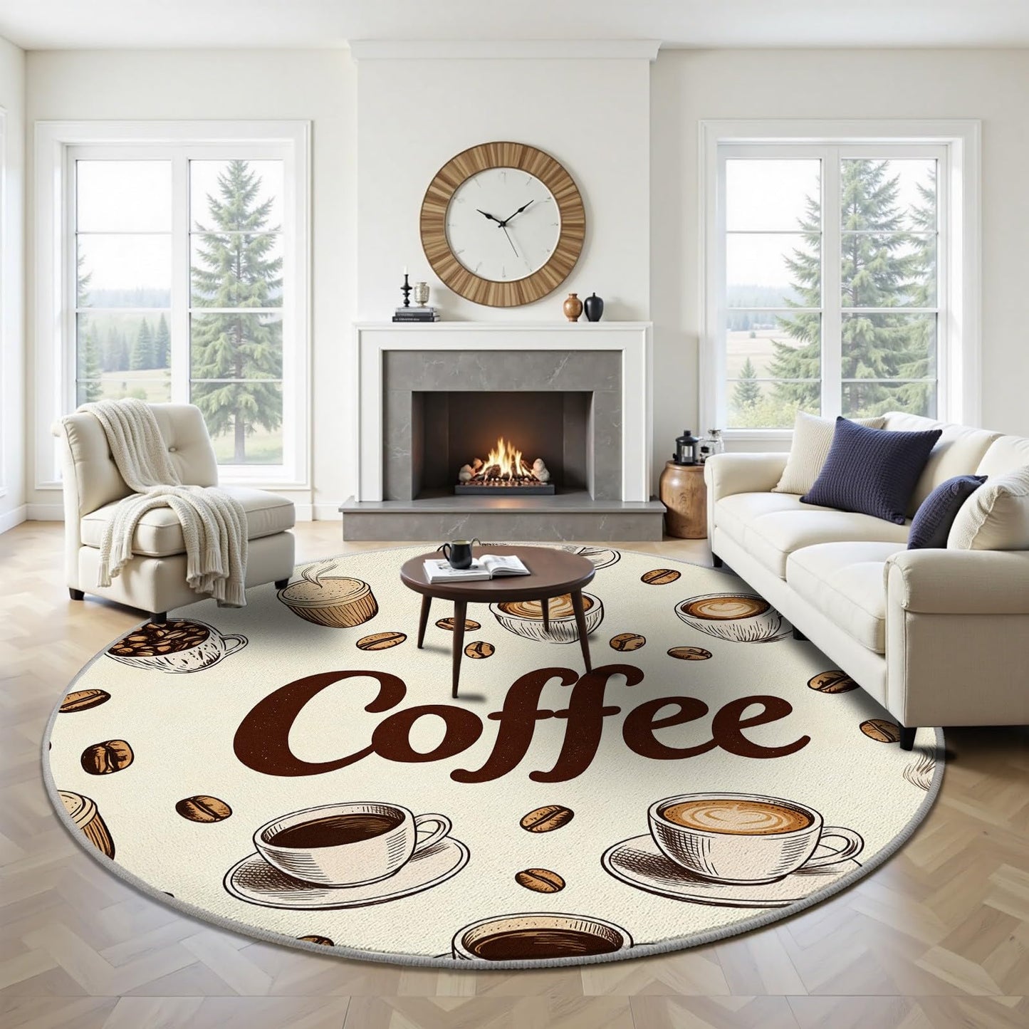 Egljss 4ft Round Rug, Coffee Bean Circle Area Rug for Living Room, Coffee Cup Round Carpet for Bedroom, Brown Farmhouse Circle Washable Rugs for Dining Table, Rugs Non Slip Kitchen