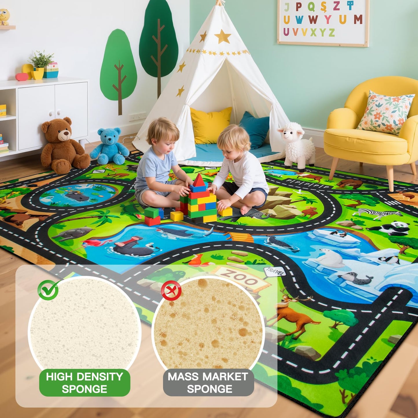 AlphabetAcre Kids Rug, 3x5 Ft Animal Car Rugs for Kids Toy Cars, Extra Thick (0.4in) - Non-Slip Zoo Road Rug Mat Carpet for Playroom & Bedroom, Educational Learning & Game Area