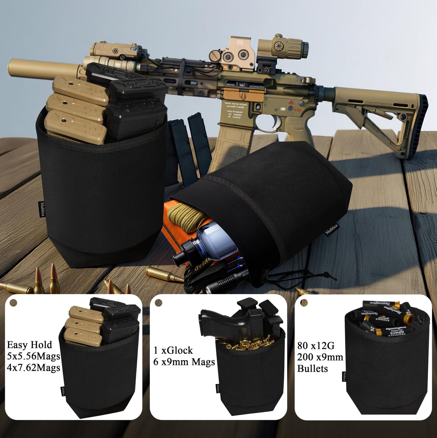 Molitica Molle Dump Pouch,Tactical Mag Dump Pouch with 4 Malice Clips,Compatible with 0.8-2 inch Duty Belt,Utility Nylon Waist Bag for Hunting,Hiking,Range,2.5-3L (Black)