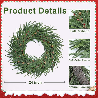 24 Inch Pine Wreath Christmas Wreaths for Front Door, Real Touch Pine Wreath with Red Berries Artificial Green Wreaths for Walls Windows Porches Farmhouse Indoor Outdoor Home Decor