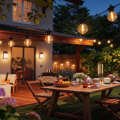 BYIZO 31FT Solar Outdoor String Lights with 12 LED Bulbs, IP65 Waterproof, Remote Control & Dual Solar-USB Charging for Patio, Garden, Backyard & Party