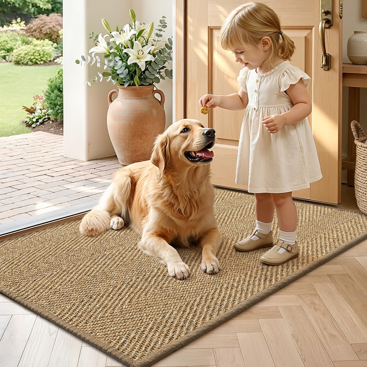 LUMI Handwoven Sisal Door Mat, Non-Slip Durable Entryway Mat, Welcome Front Doormat, Solid Floor Mats for Entrance, 20"x32", Brown Herringbone Sisal