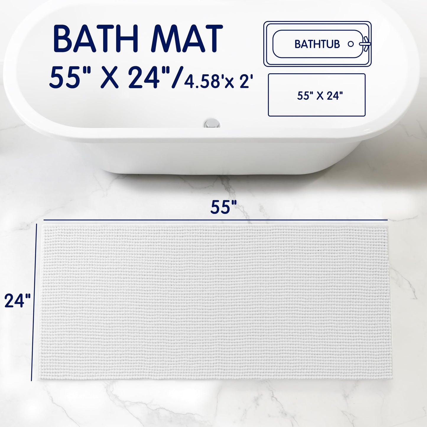 SUBRTEX Bathroom Rugs, 24" x 55" Chenille Bath Rug Soft Short Plush Bath Mat Soft Shower Mat Water Absorbent Shower Mat Quick Dry Machine Washable, White