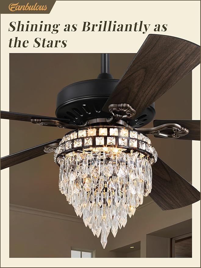 Fanbulous 60 Inch Farmhouse Fandelier Ceiling Fans with Light, Crystal Ceiling Fan Chandelier with 6 Speeds, Quiet Reversible Noiseless DC Motor, 3CCT, Indoor Ceiling Fan for Living Room Bedroom