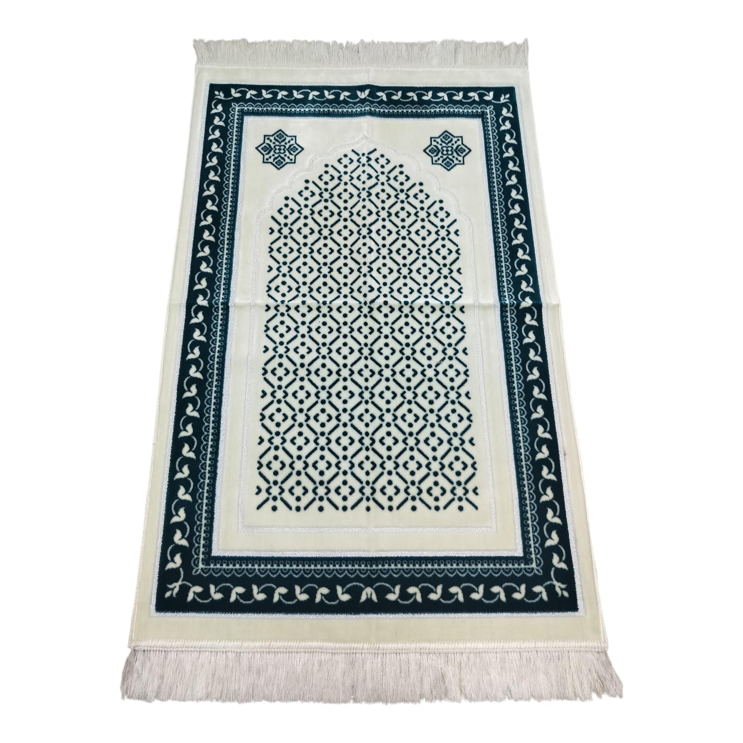 Islamic Prayer Rug with Geometric Arch Design, Traditional Turkish Prayer Mat, Polyester Blend, 27.6 x 43.3 Inches, Low Pile with Fringed Edges, Machine Washable (Turquoise Blue)