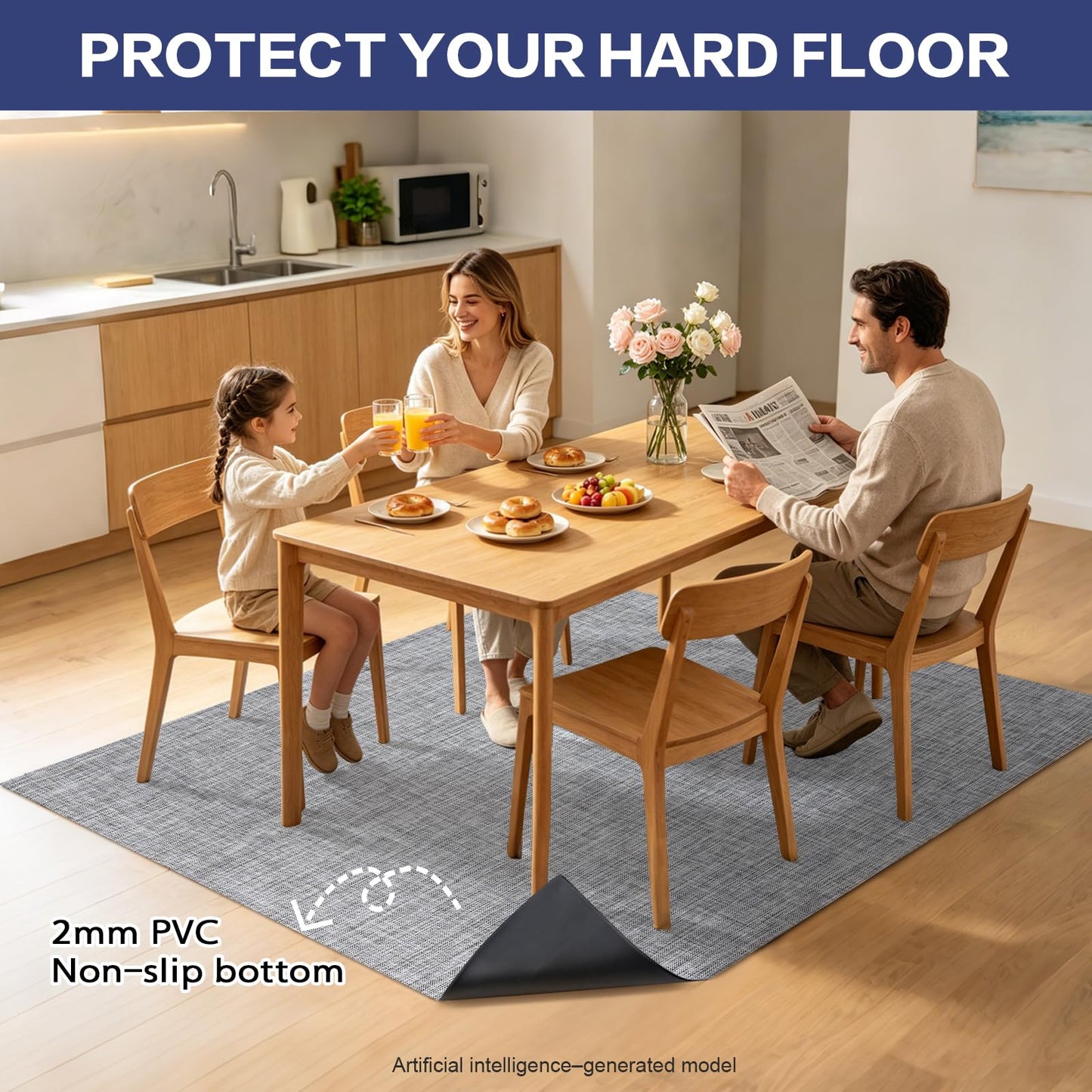 Vinyl Floor Mat Area Mat Waterproof Vinyl Area Rug for Under Dining Table 4'x6' Non Slip Floor Protector PVC Hardfloor Protective Mat Chair Mat for Kitchen, Home, Living Room, Bedroom