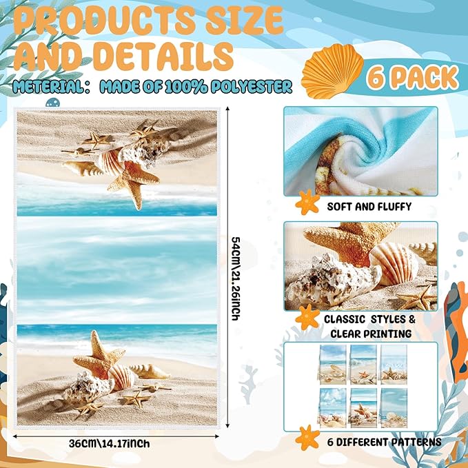 Breling Set of 6 Summer Beach Kitchen Towels Coastal Dish Towel Bathroom