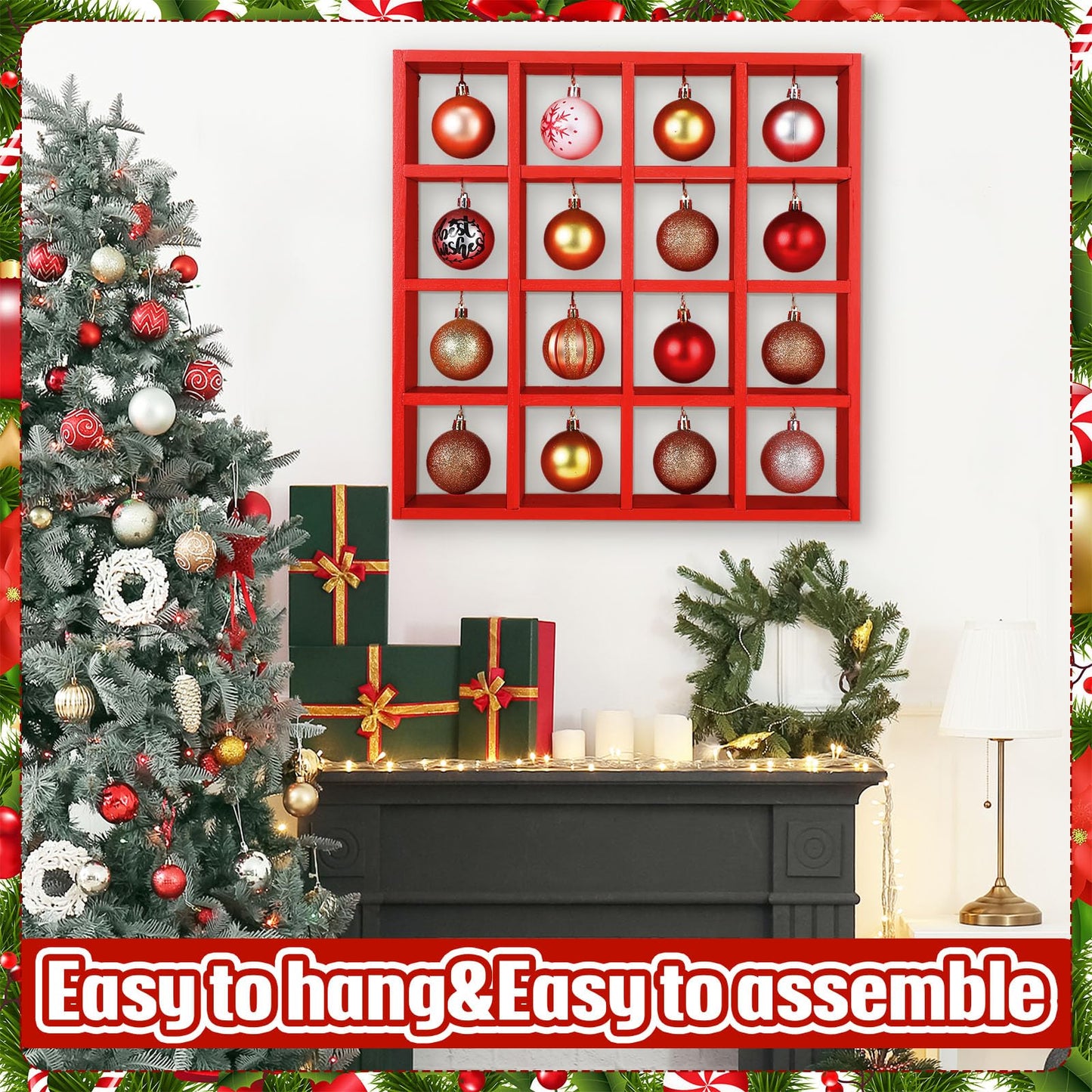 Cinnvoice Christmas Holiday Ornament Displays Rack Wooden Hanging Stand Holder Hanger for Christmas Ball Display Shelf Cabinet for Craft DIY Wall Decorations Gift(Red,16 Compartment)