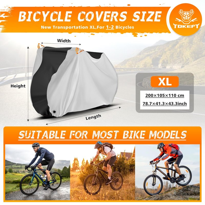 Bike Cover, Outdoor Waterproof Bicycle Cover for Rain /Sun /Dust /Wind Protection, Bicycle Accessories with Lock Hole and Storage Bag, Suitable for Mountain Road E-Bikes, Black/Silver (Fits 1-2 Bikes)