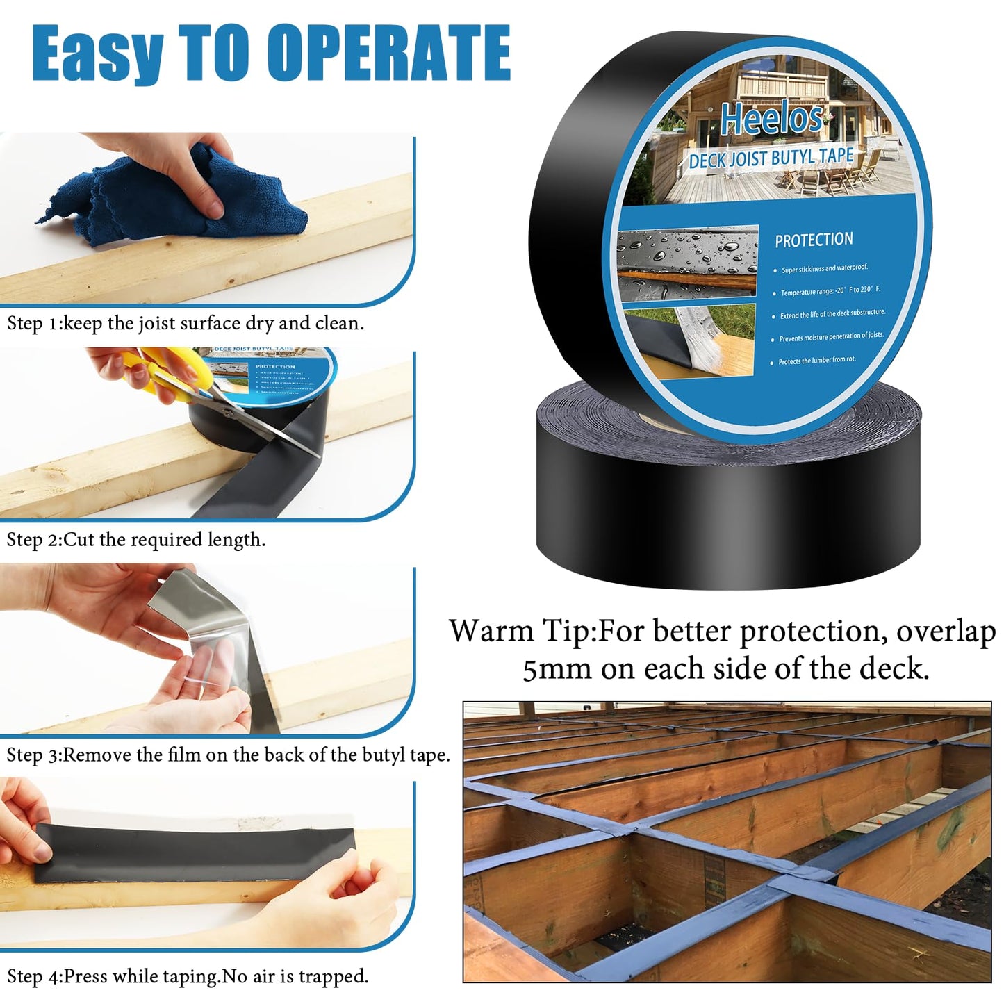 Heelos Joist Tape for Decking 2''×50',10 Pack Weather-Resistant Deck Joist Tape,Waterproof Seal Antiseptic Butyl Joists Tape,Self-Adhesive Flashing Joists Tape for Wood Decks Beams Roof