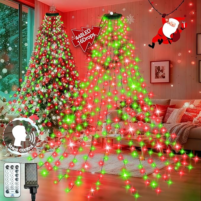 448LED Cascading Twinkle Christmas Tree Lights Indoor with Smart Voice Control & Remote | 7FT x 16 Lines Waterfall Tree Topper Lights, 12 Modes & Timer for 7FT Xmas Tree Christmas Decor (Red Green)