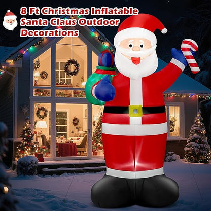 8 FT Christmas Inflatable Santa Claus Outdoor Blow Up Yard Decorations, Giant Blow Up Santa with Flashing Gift Bags & Candy, Build in LED Lights Xmas Decorations for Garden Holiday Party Lawn Decor