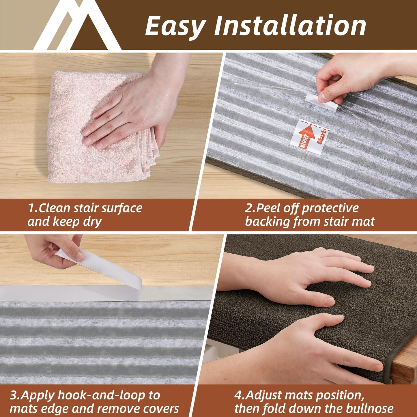 COSY HOMEER Bullnose Carpet Stair Treads, Peel and Stick Non-Slip Stair Treads for Wooden Steps, 11" x 30" Indoor Stair-Runner Rugs (4Pc, Gray)