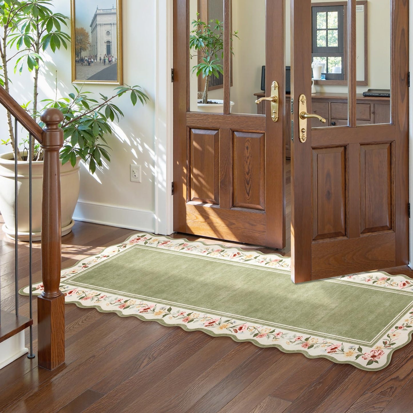 Lahome Floral 2'x 6' Washable Kitchen Runner Rug, Green Rug Runners for Hallways Non Slip, Scalloped Runner Rug Ultra-Thin Stain Resistant Boho Carpet for Entryway Bathroom Bedroom Ariele（Green，2x6ft）