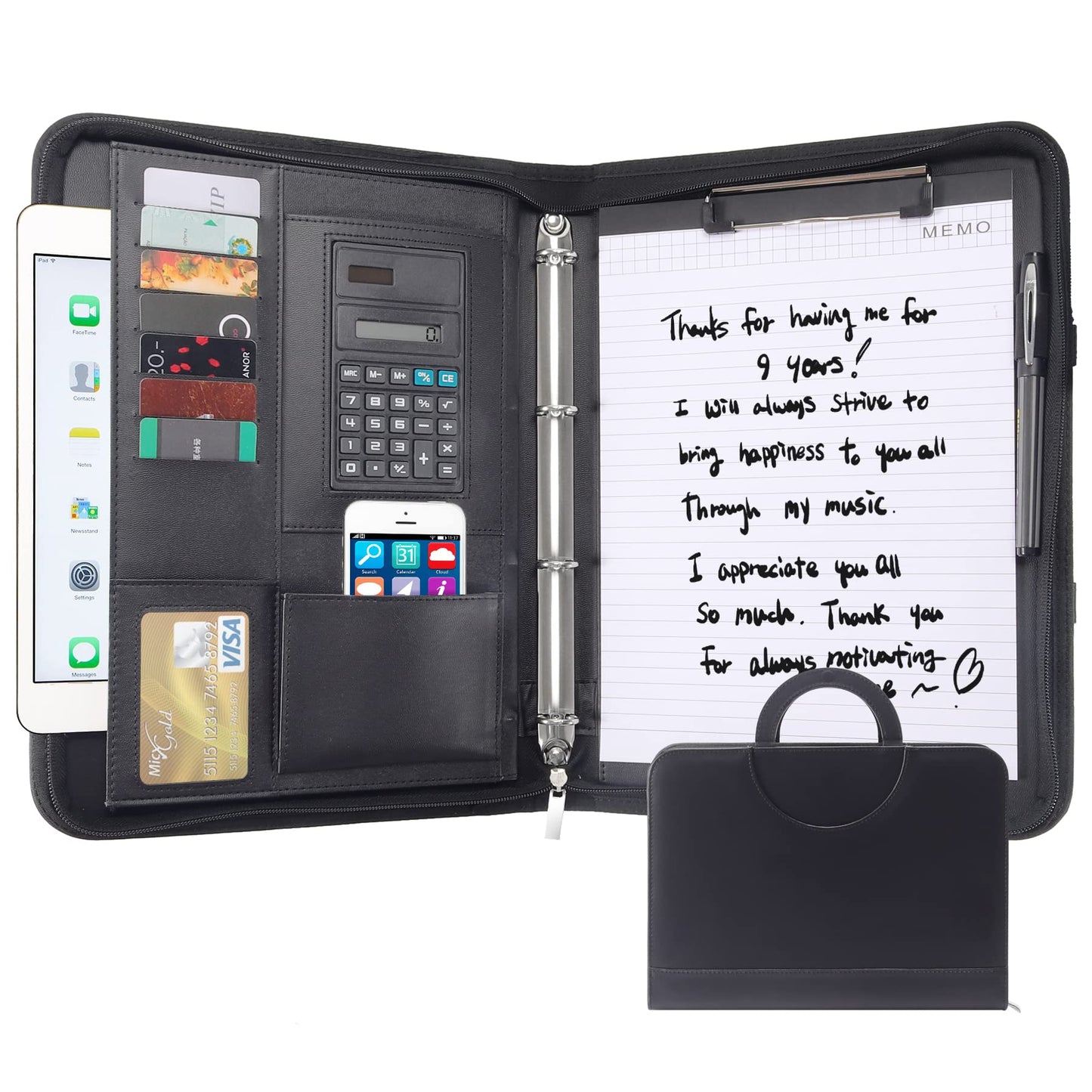 Agaritek Zipped Portfolio Binders for Men and Women - Leather Padfolio Business Planner Notebook Organizer with Zipper and Calculator- Holder for Tablet, Documents, Cards, Notebook, Notepad