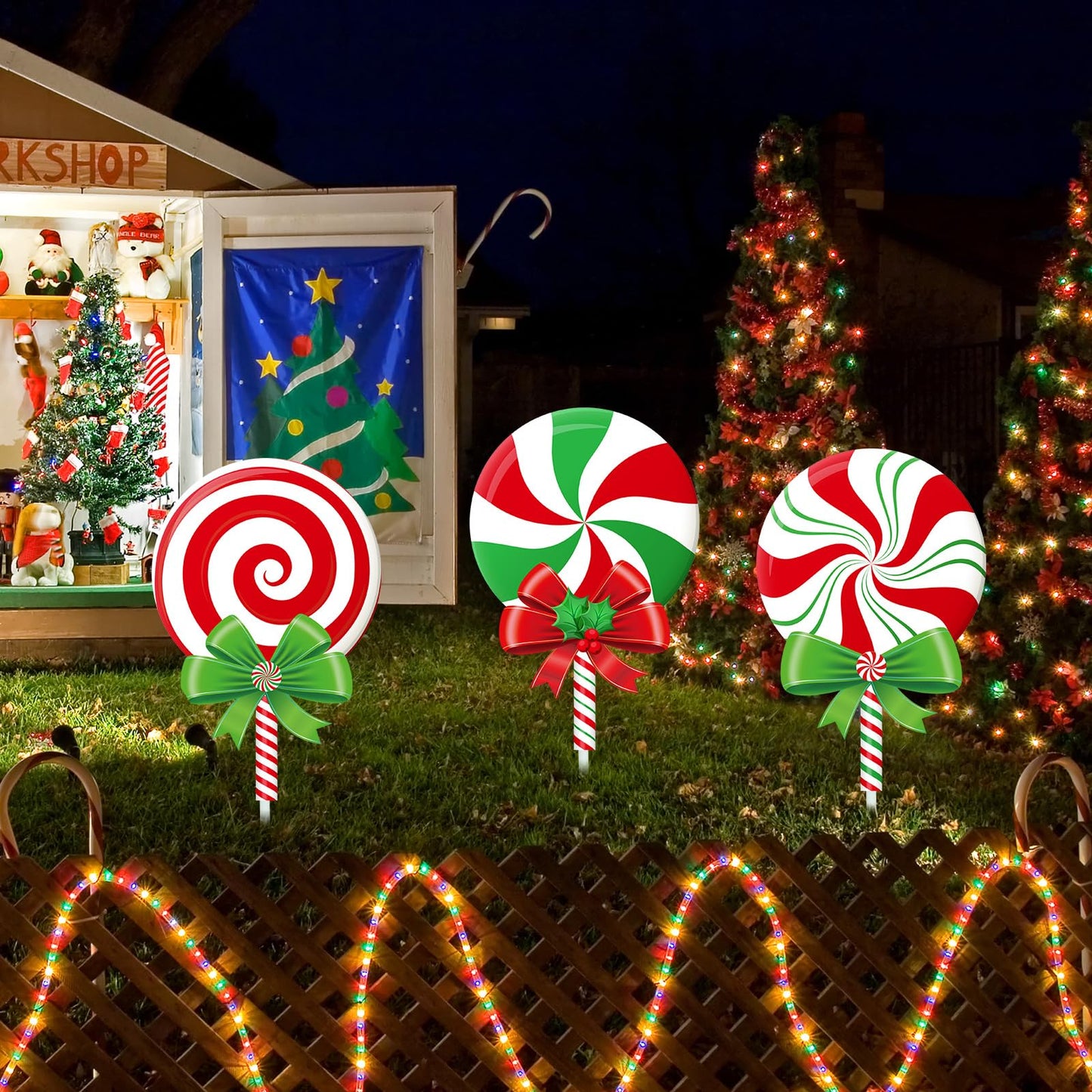 Drydiet 3 Pack Metal Christmas Yard Signs Decor Xmas Yard Stakes Outdoor with Stakes for Holiday Outdoor Garden Lawn Pathway Decoration(Candy)