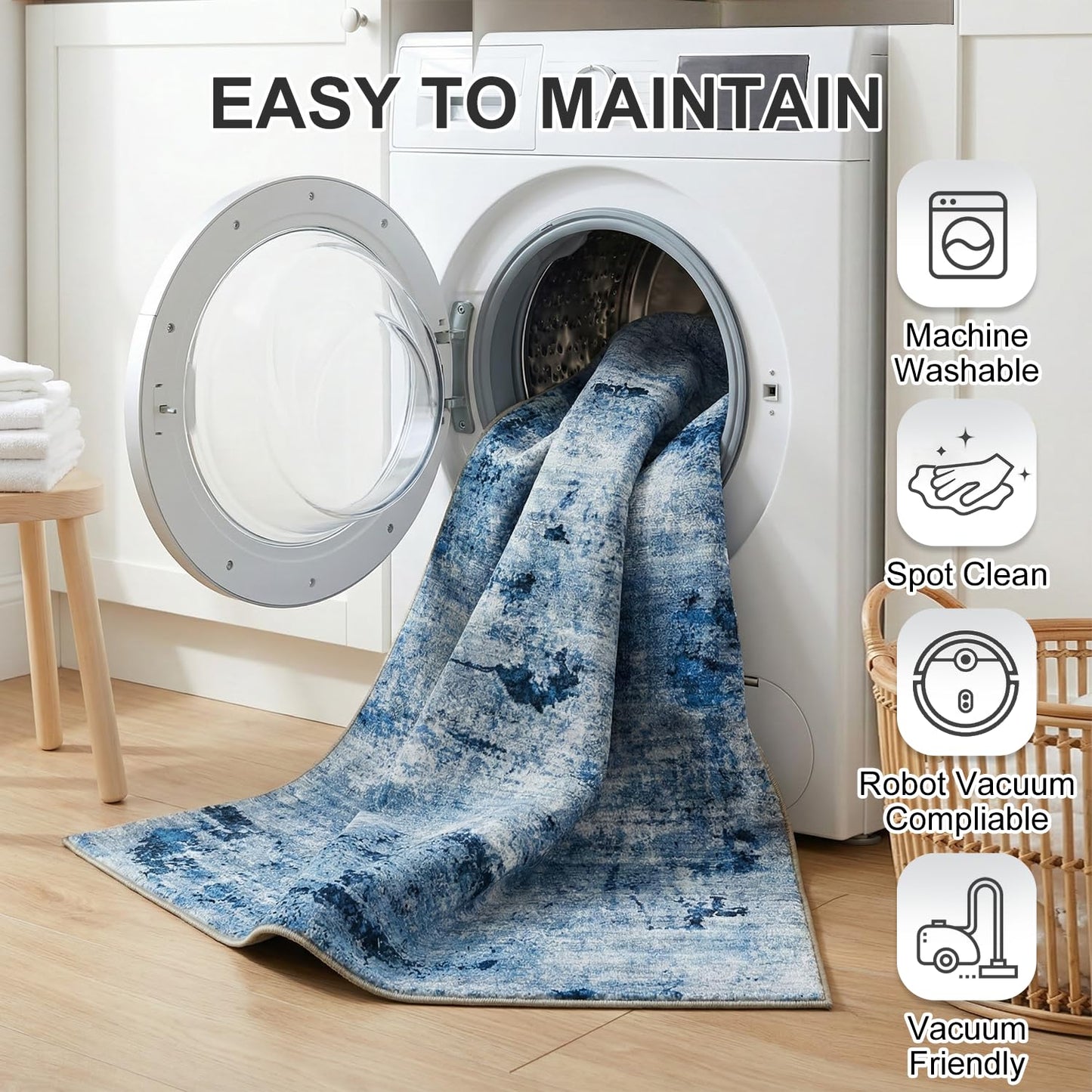 Cnythlis 8'x10' Washable Area Rugs for Living Room Bedroom, Pet Friendly Non Slip Low Pile Rug for Hardwood Floors High Traffic Areas, Modern Abstract Stain Resistant Carpet, Blue
