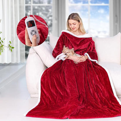 Wearable Heated Blanket with Sleeves, Electric Heated Blanket for Gifts, Electric Throw Wrap Poncho Shawl with Pockets, 6 Heating Levels & 4 Hours Time Settings, 50 x 70 Inch (Red)