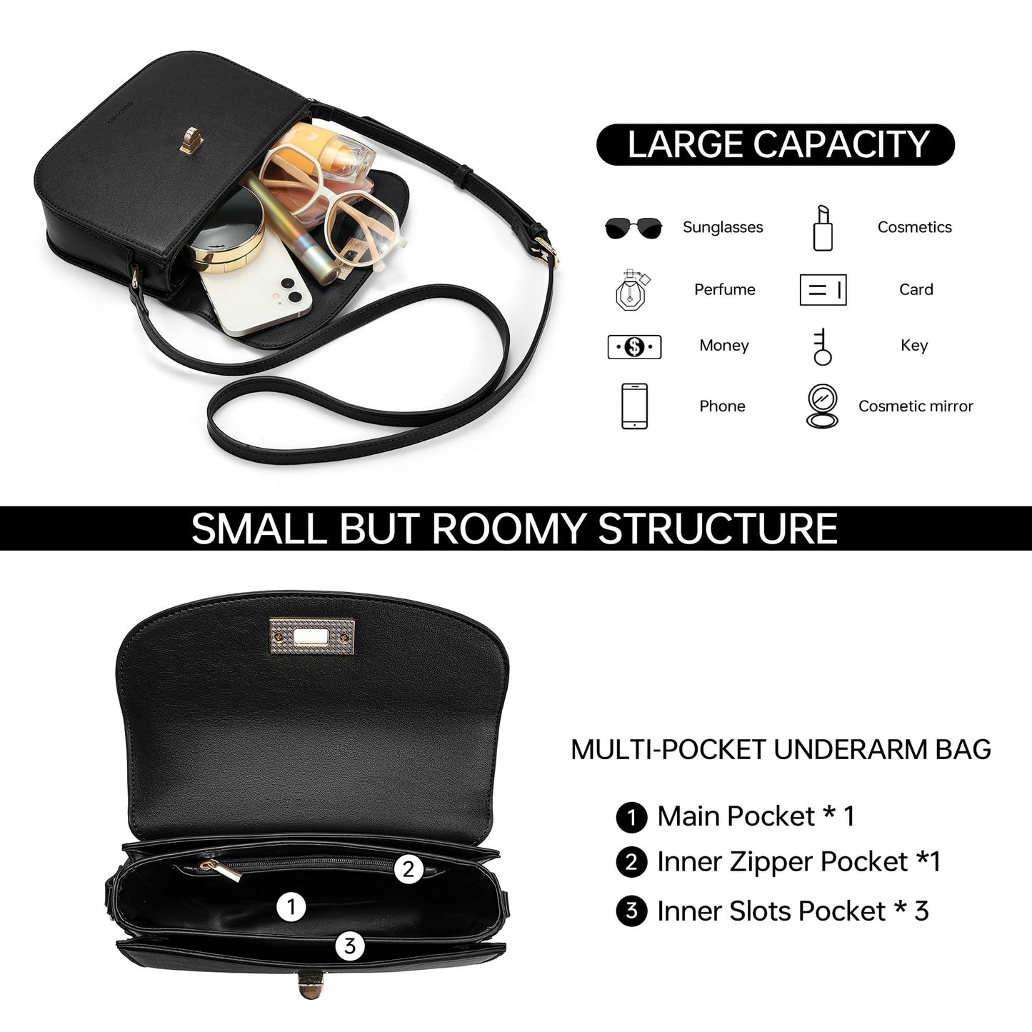 Goinsound Small Shoulder Bag for Women Vegan Leather Crossbody Bag Trendy Clutch Purse With Long Adjustable Strap, Black