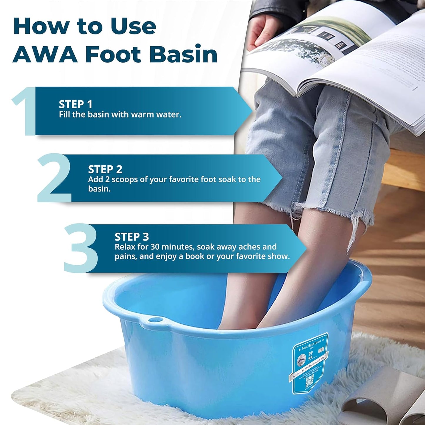 American Wellness Authority AWA Extra Large foot bath basin - Sturdy plastic soak tub For Soaking feet and Pedicure At Home Spa Kit Women Men (Grey Basin), 1.0 Count