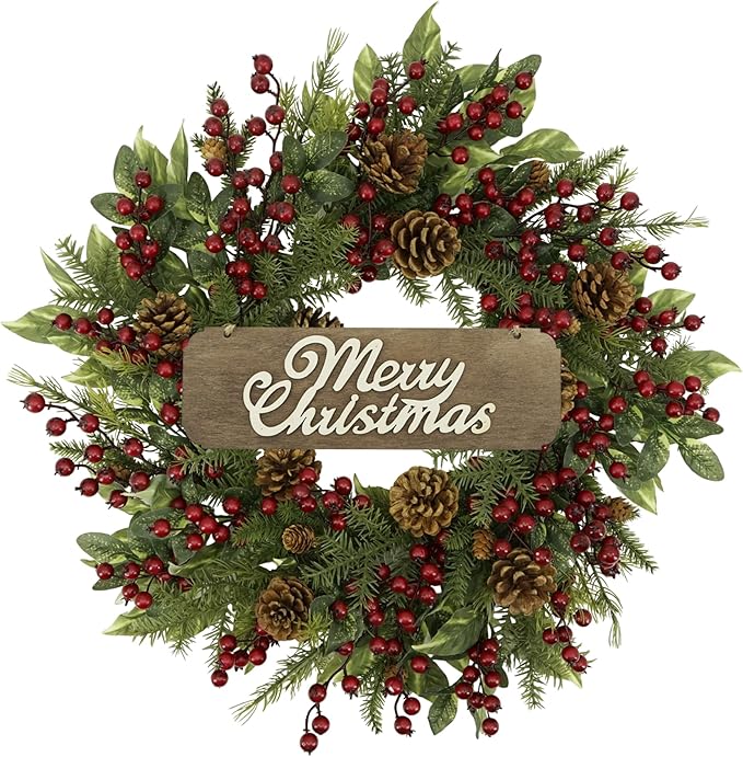 YNYLCHMX 20 Inch Winter Wreath for Front Door, Winter Wreath with Welcome Sign Pine Needle Pine Cone Red Berry, Artificial Door Wreaths for Window Farmhouse Holiday Party Decoration