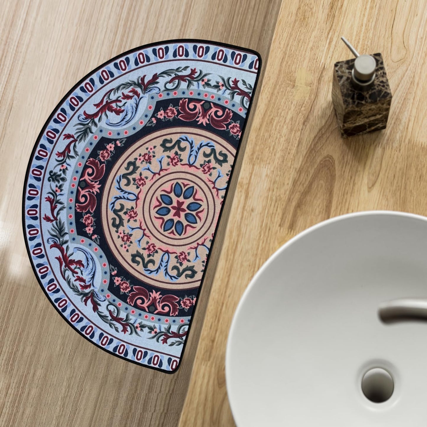 NEWBILITI Mandala Half Circle Doormat Boho BathMat Semi Round Non-Slip Bathroom Rugs Floor Mat Linen Half Sun and Moon Rug Bohemian Decor Bath Door Semicircle Mats, Disc Flower