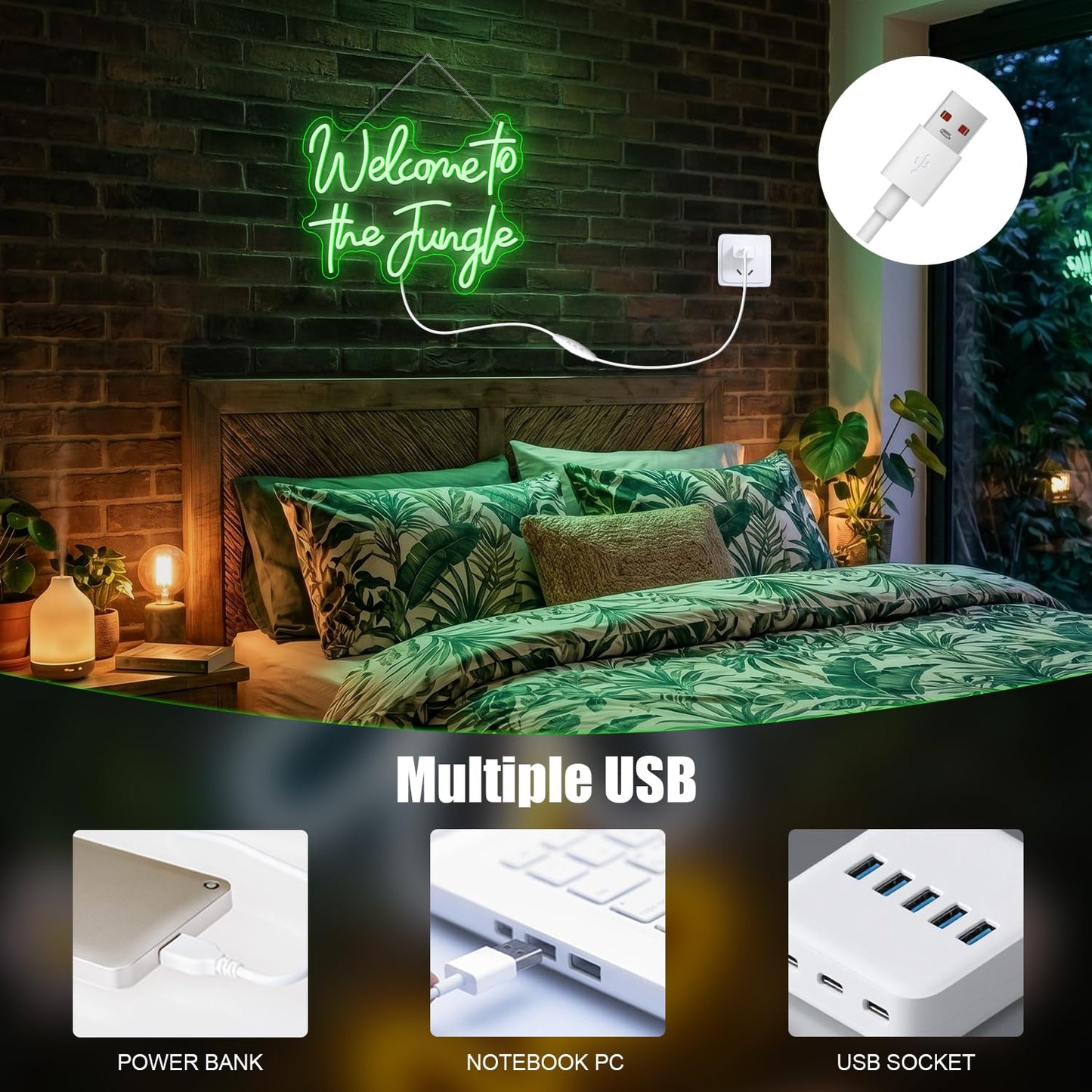 ineonlife Welcome to the Jungle Neon Sign Green Letter LED Neon Lights for Bedroom Wall Love Oh Baby for Room Decor Bar Party Wedding Engagement Wall Hanging Decor USB Powered Green USB Powerd 15.3x12.6in