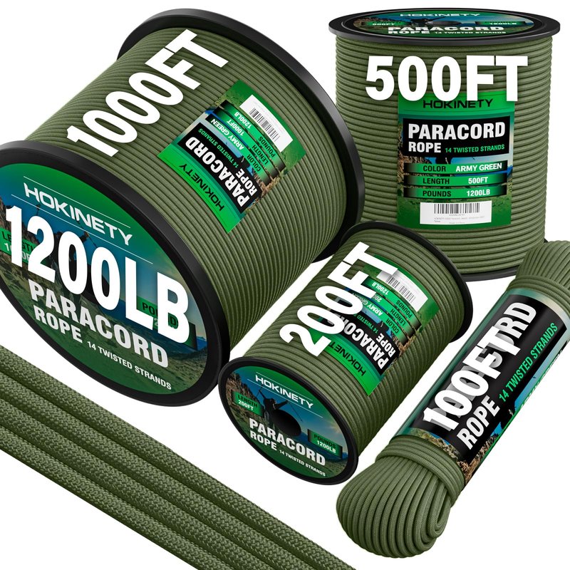 HOKINETY 1200lb Paracord Rope - 4.4mm 14 Strand Nylon Parachute Spool para Cord Lanyard for Outdoor Camping Survival Utility Tent Crafting DIY Projects Fishing Clothsline Bracelet - ArmyGreen 100FT