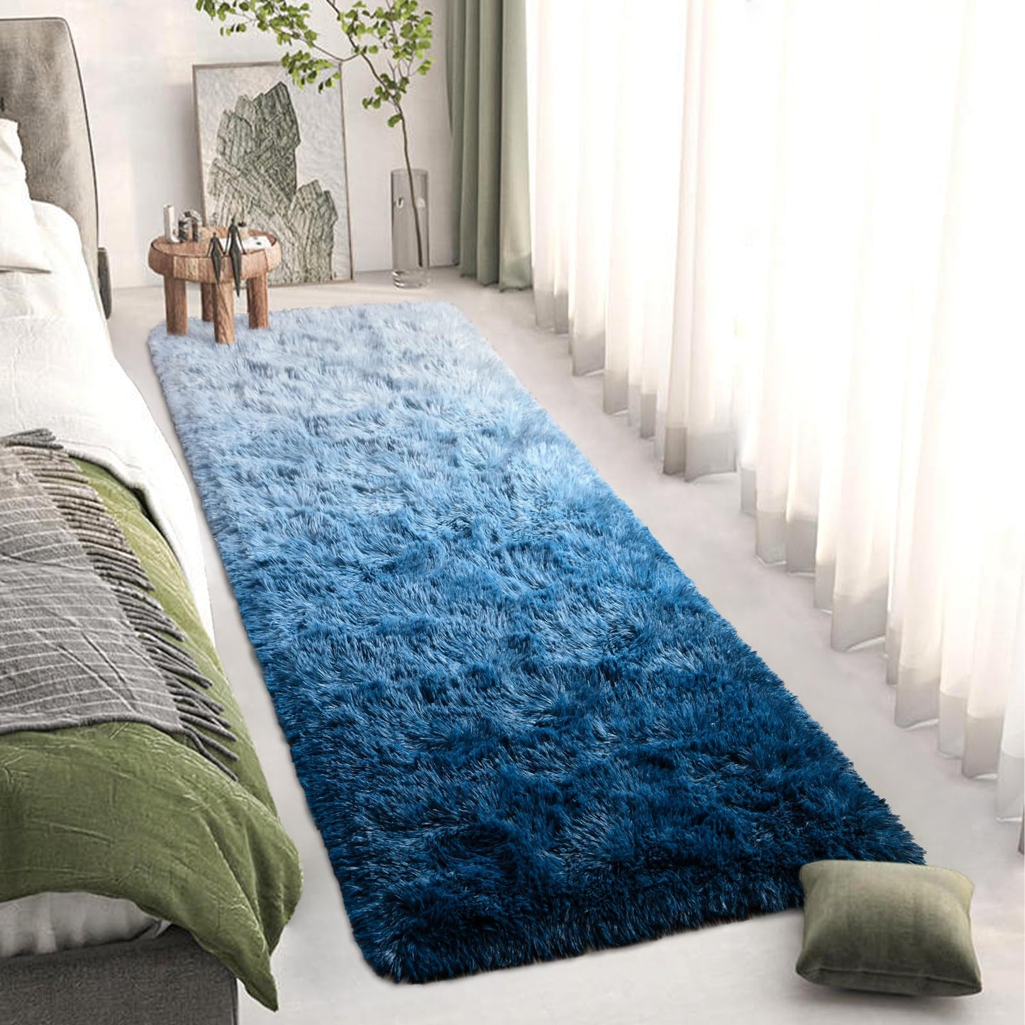 DweIke Luxury Shaggy Runner Rugs for Bedroom, 2x6 Feet Fluffy Runners Carpet for Girls Boys Kids, Non-Slip Extra Comfy Plush Bed Beside Rug for Living Room Nursery Home Decor, Gradient Navy Blue