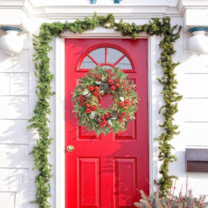 Super Holiday Artificial Christmas Wreath, Front Door Wreaths Decorations for Home, Party, Holiday, Thanksgiving, Xmas Decor - with Wreath Hanger, Green/Red
