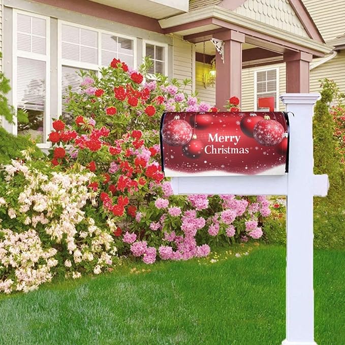 Festive Magnetic Mailbox Cover Xmas Christmas Ball Pattern Outdoor Mailbox Protector Holiday Seasonal Decorative Garden Yard Home Large Size 25.5 x 21 Inch