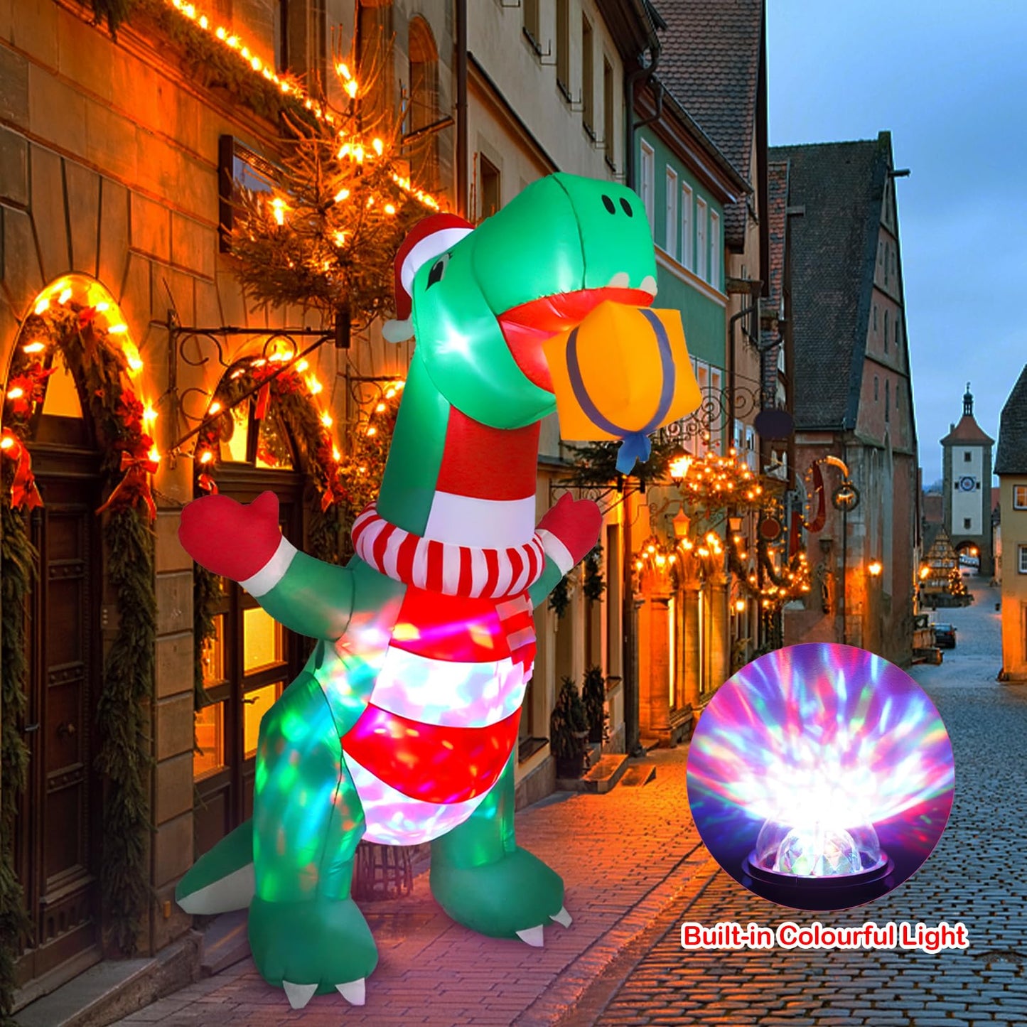 8FT Christmas Inflatables Outdoor Decorations, Blow Up Yard Dinosaur Decoration with Christmas Hat & Gift Box, Built-in LED Lights for Holiday Garden Patio Lawn Party, for Him, Her
