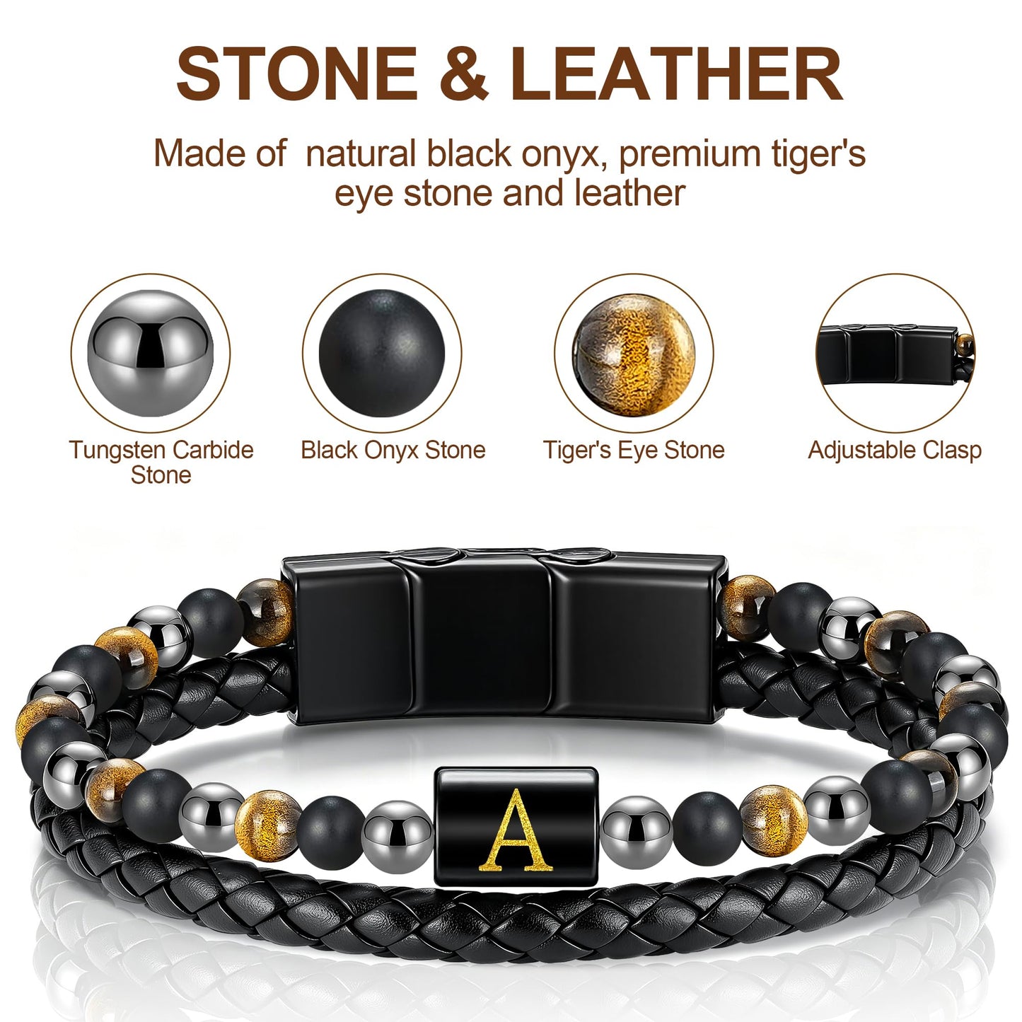 OUTSTHAND Leather Initial Bracelets for Men, Tiger Eye Beaded Bracelets Birthday Gifts for Husband Boyfriend Dad Gifts for Mens Personalized Mens Jewelry Fathers Day Gift for Men