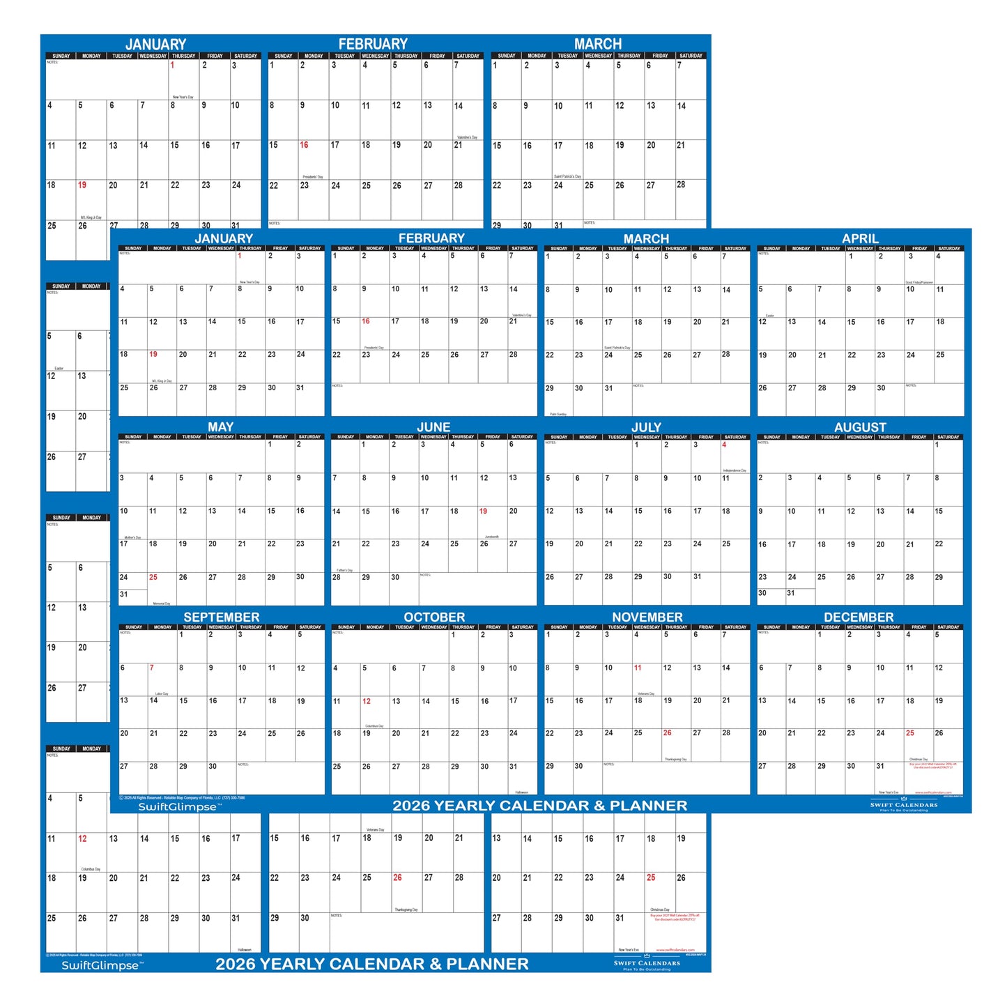 18" x 24" SwiftGlimpse 2026 Wall Calendar Erasable Large Wet & Dry Erase Laminated 12 Month Annual Yearly Wall Planner, Reversible, Horizontal/Vertical, Navy