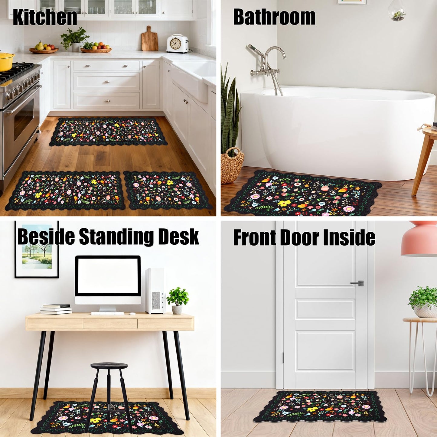 CQKEDMA Scalloped Kitchen Mats for Floor 3 Piece Set, Kitchen Floor Mat Non Slip Washable, Narrow Kitchen Runner Rugs Waterproof Boho Floral Standing Mat Door Mat for Sink Laundry, Hallways, Black